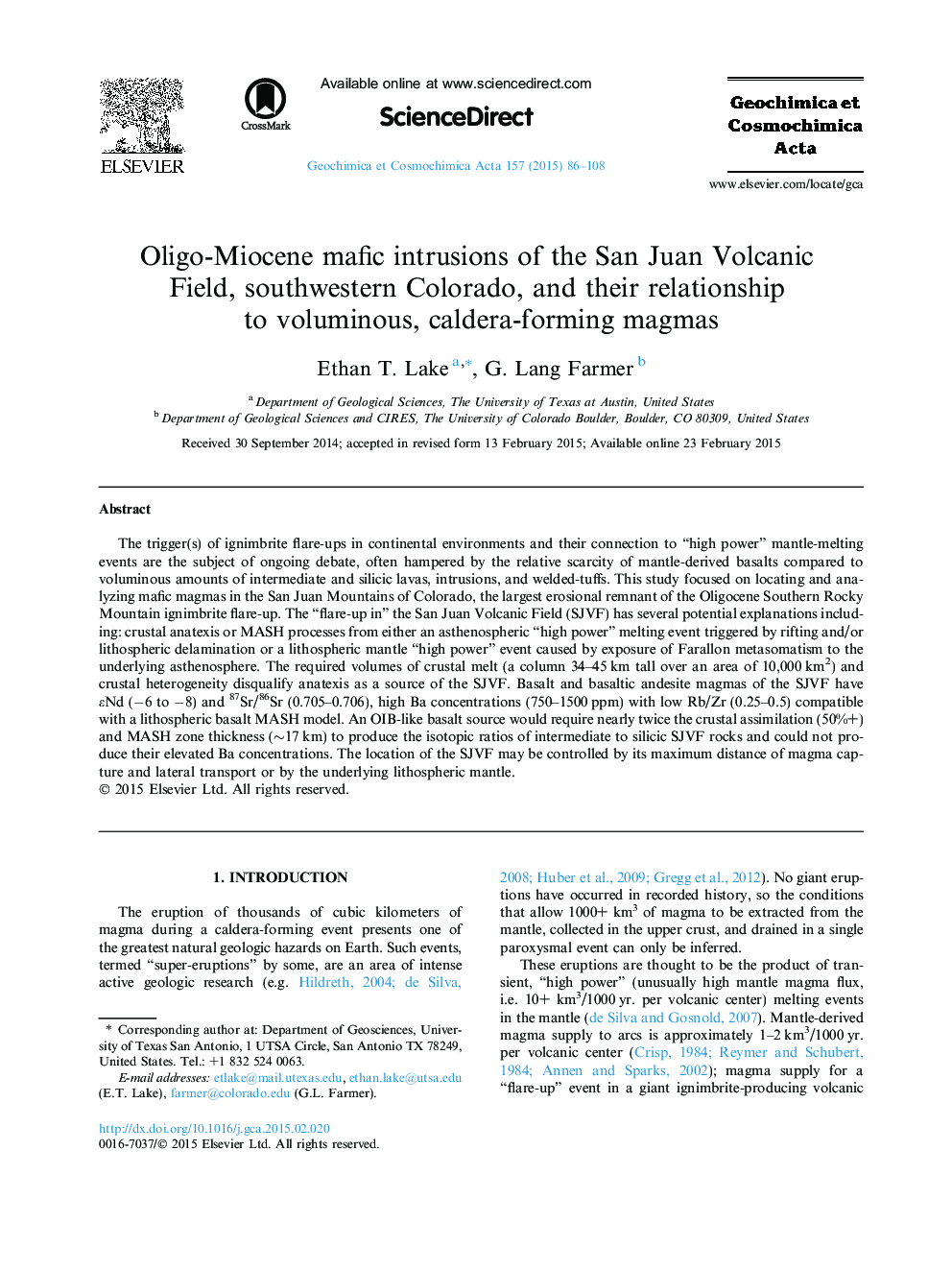 Oligo-Miocene mafic intrusions of the San Juan Volcanic Field, southwestern Colorado, and their relationship to voluminous, caldera-forming magmas