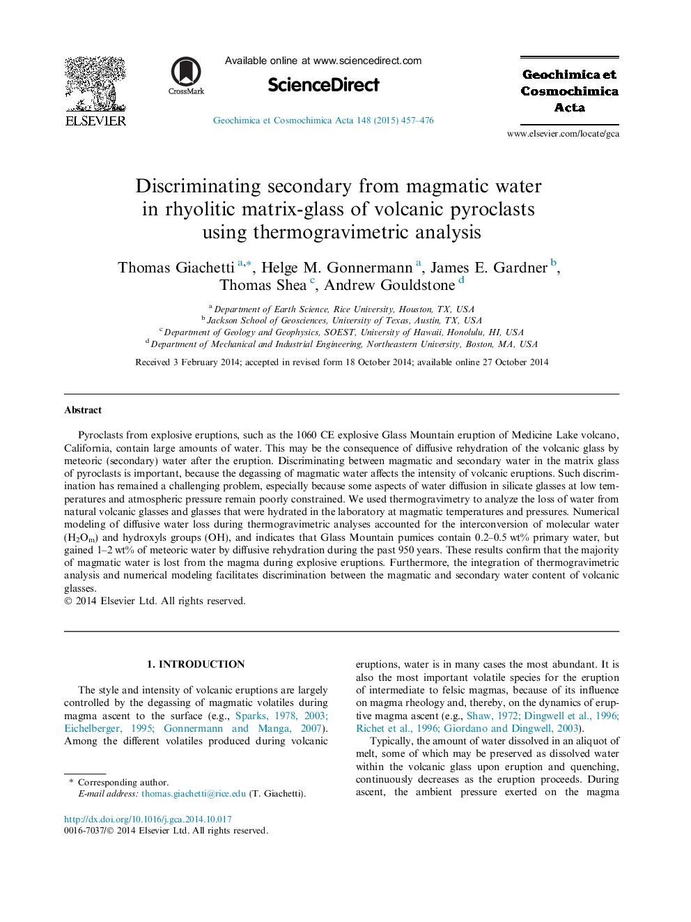 Discriminating secondary from magmatic water in rhyolitic matrix-glass of volcanic pyroclasts using thermogravimetric analysis