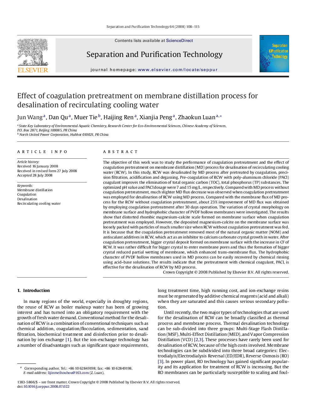 Effect of coagulation pretreatment on membrane distillation process for desalination of recirculating cooling water