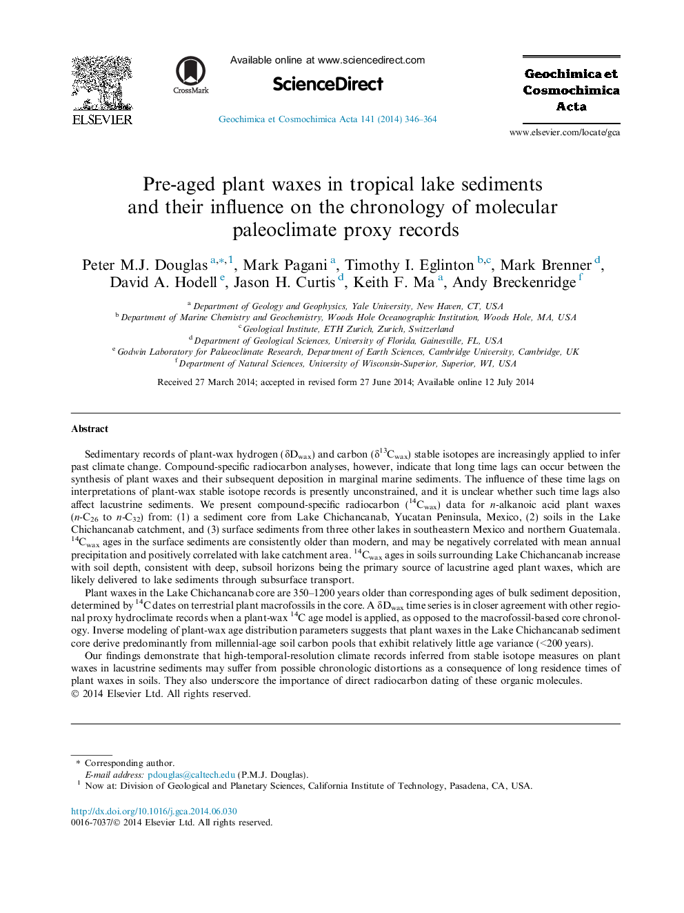 Pre-aged plant waxes in tropical lake sediments and their influence on the chronology of molecular paleoclimate proxy records