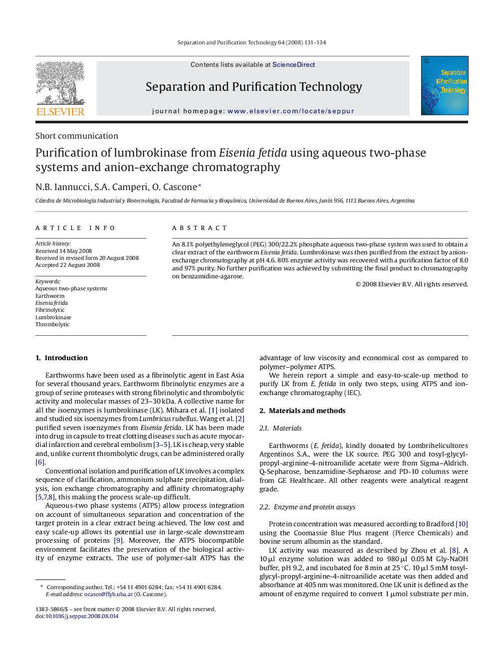 Purification of lumbrokinase from Eisenia fetida using aqueous two-phase systems and anion-exchange chromatography