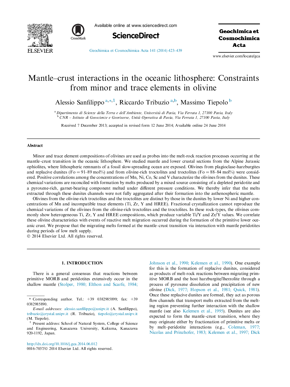 Mantle-crust interactions in the oceanic lithosphere: Constraints from minor and trace elements in olivine