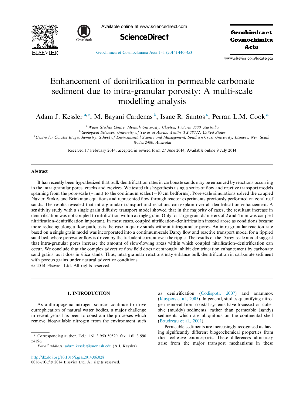 Enhancement of denitrification in permeable carbonate sediment due to intra-granular porosity: A multi-scale modelling analysis