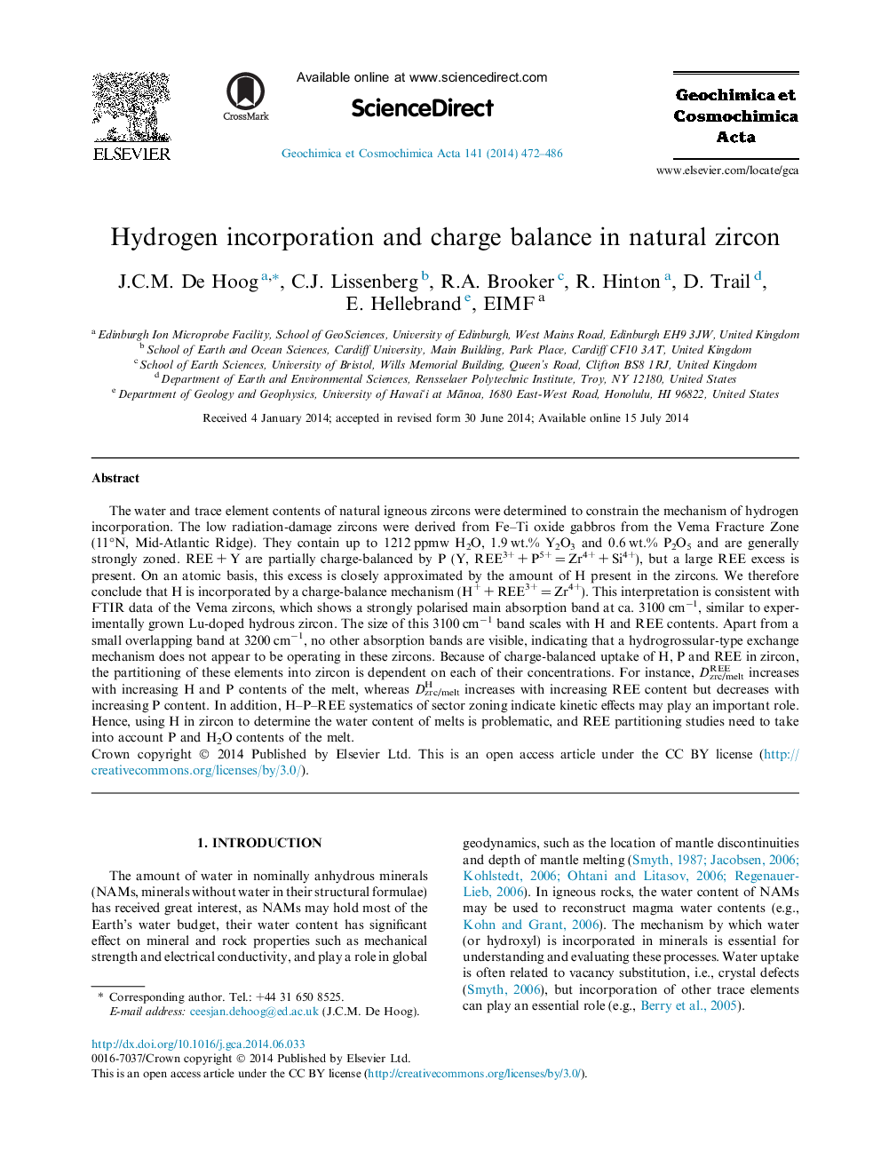 Hydrogen incorporation and charge balance in natural zircon