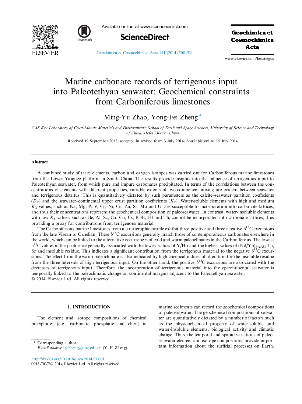 Marine carbonate records of terrigenous input into Paleotethyan seawater: Geochemical constraints from Carboniferous limestones