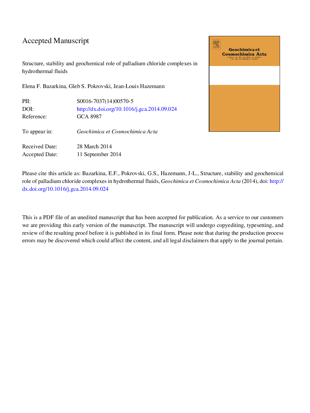 Structure, stability and geochemical role of palladium chloride complexes in hydrothermal fluids