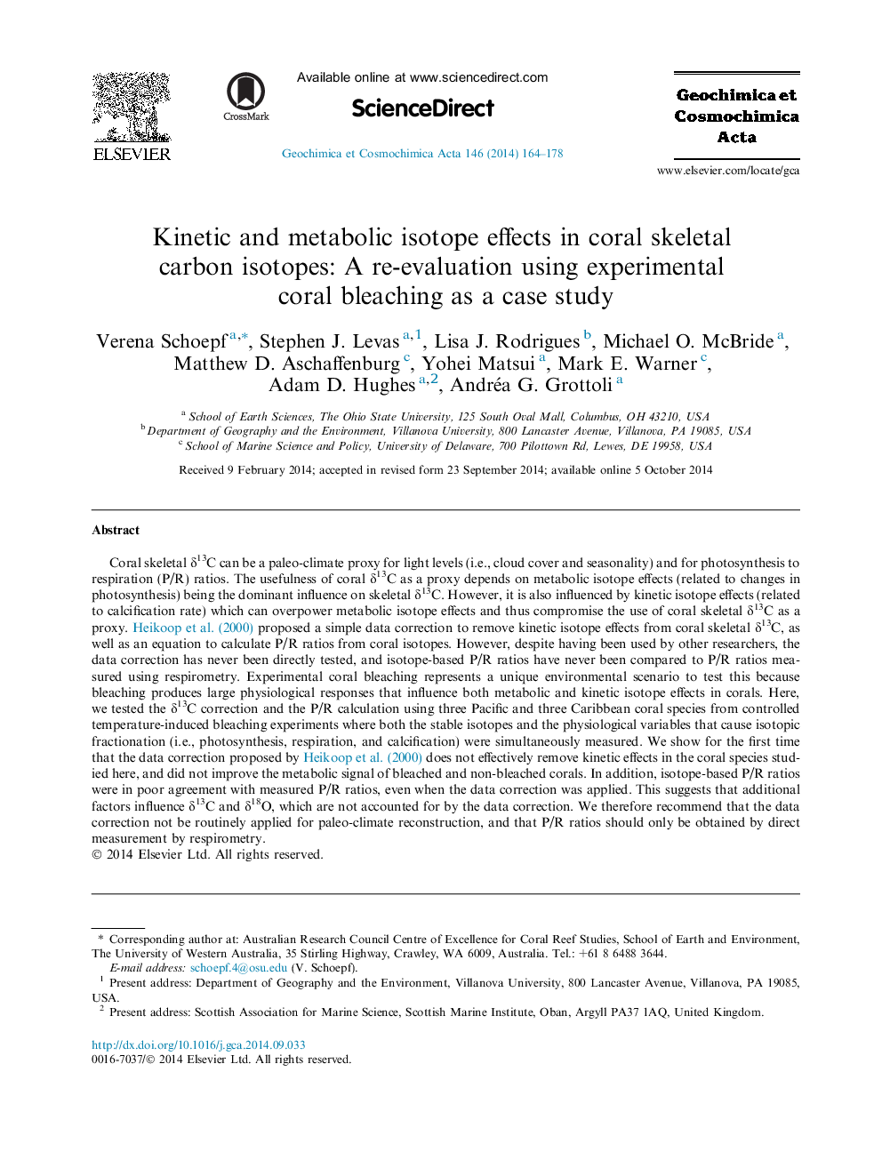 Kinetic and metabolic isotope effects in coral skeletal carbon isotopes: A re-evaluation using experimental coral bleaching as a case study