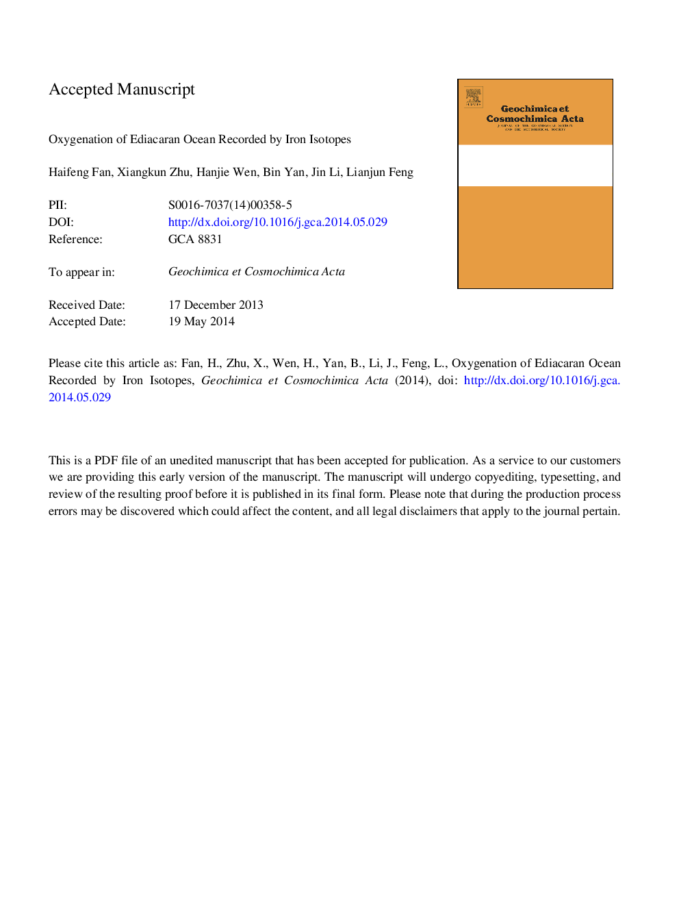 Oxygenation of Ediacaran Ocean recorded by iron isotopes