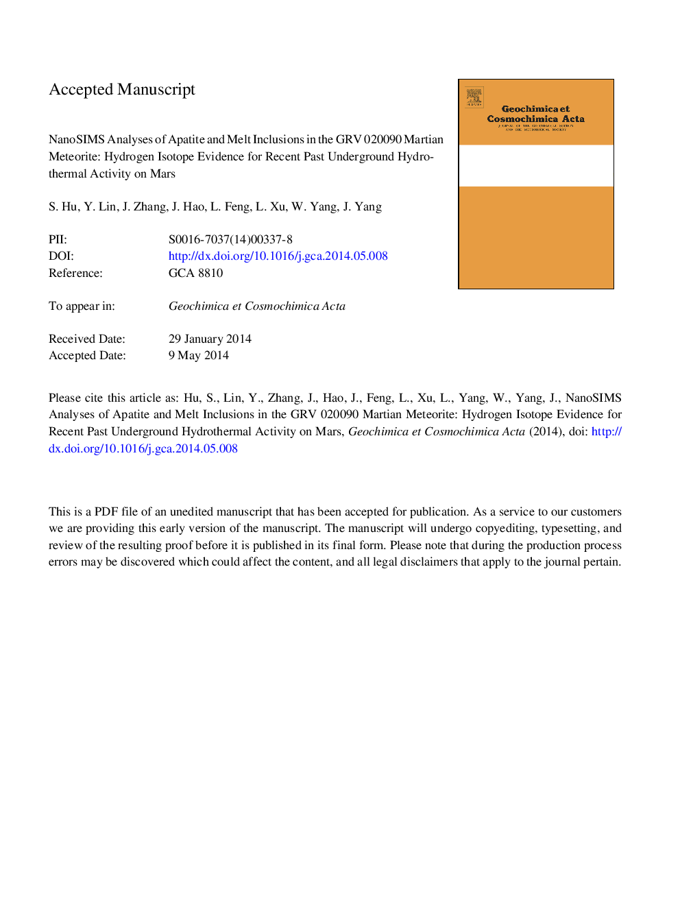 NanoSIMS analyses of apatite and melt inclusions in the GRV 020090 Martian meteorite: Hydrogen isotope evidence for recent past underground hydrothermal activity on Mars