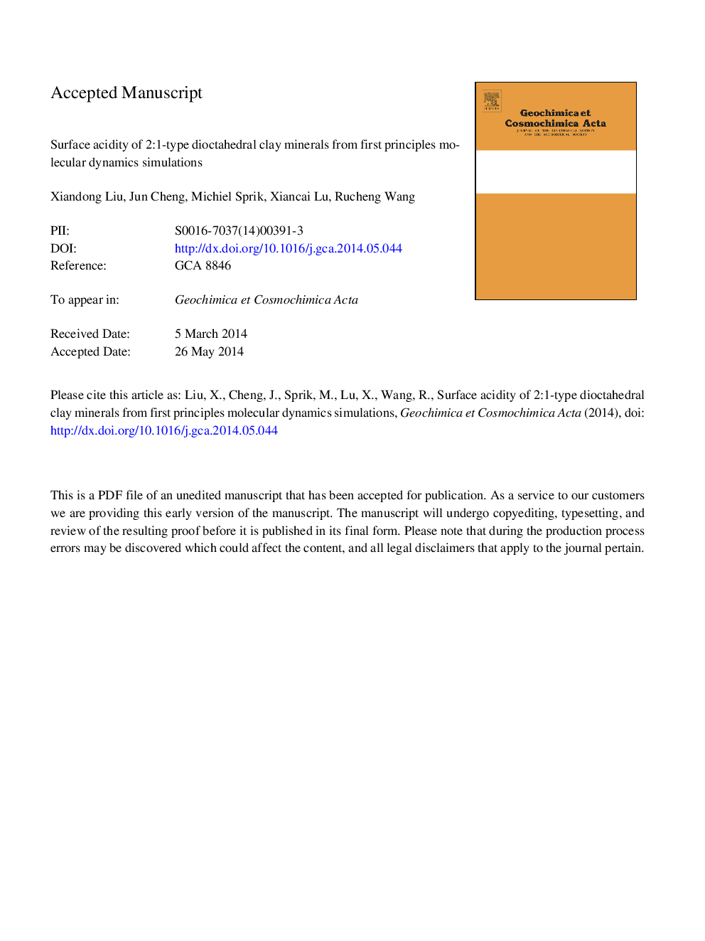 عکس صفحه اول مقاله: Surface acidity of 2:1-type dioctahedral clay minerals from first principles molecular dynamics simulations Surface acidity of 2:1-type dioctahedral clay minerals from first principles molecular dynamics simulations