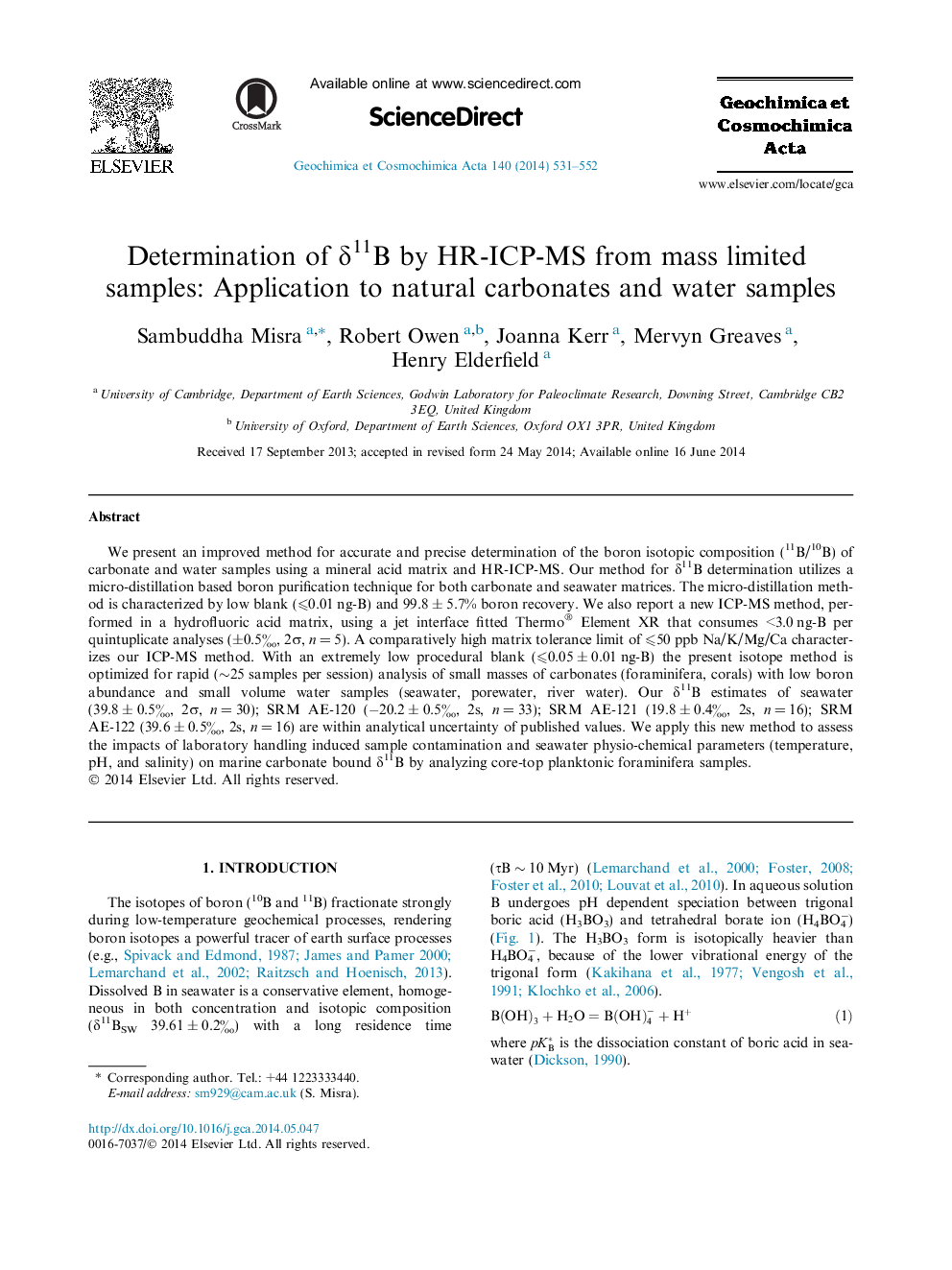 عکس صفحه اول مقاله: Determination of δ11B by HR-ICP-MS from mass limited samples: Application to natural carbonates and water samples Determination of δ11B by HR-ICP-MS from mass limited samples: Application to natural carbonates and water samples
