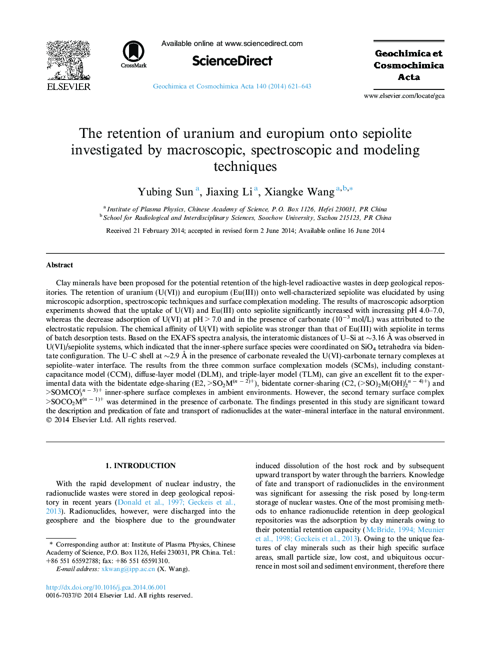 The retention of uranium and europium onto sepiolite investigated by macroscopic, spectroscopic and modeling techniques