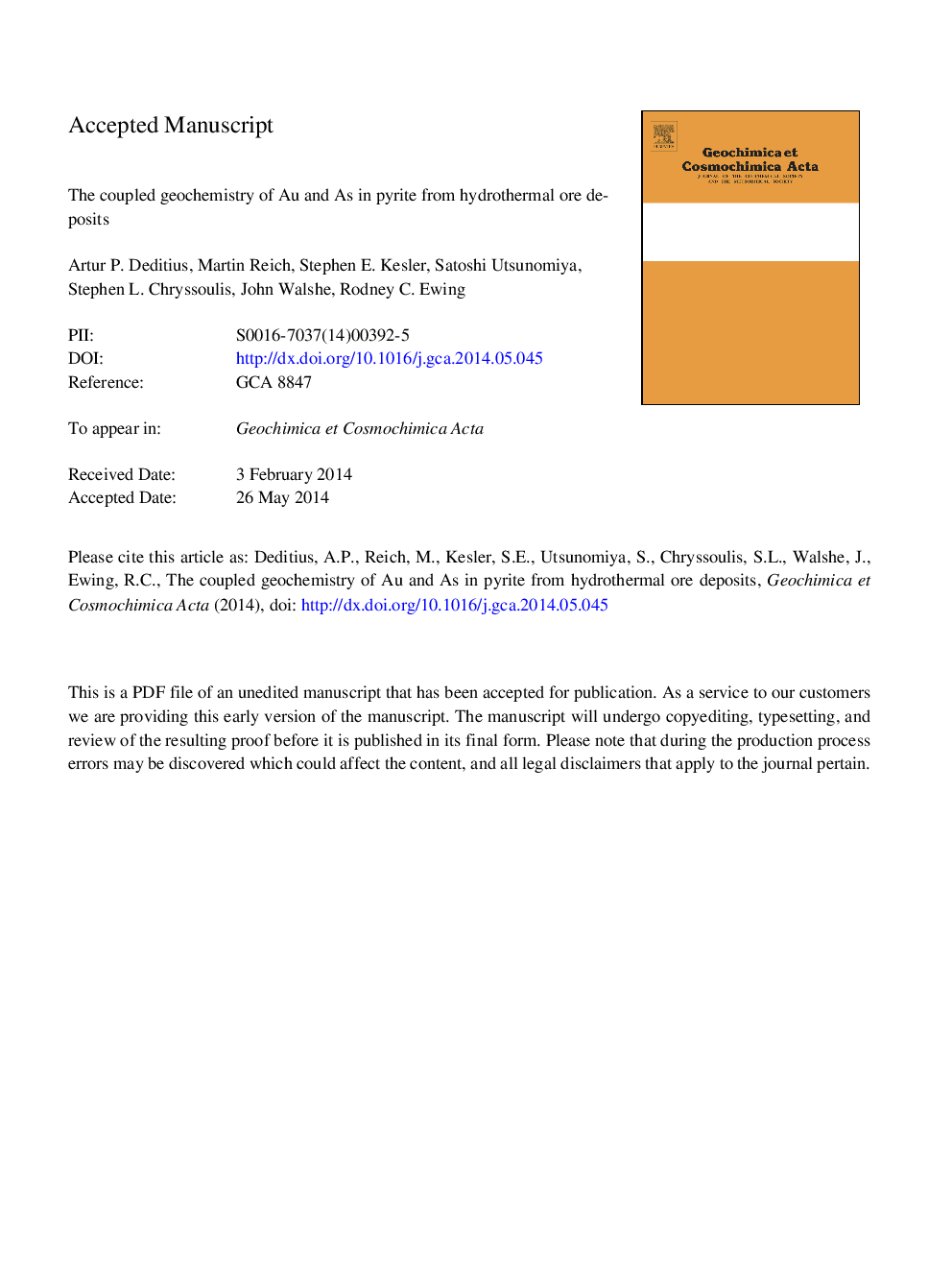 The coupled geochemistry of Au and As in pyrite from hydrothermal ore deposits