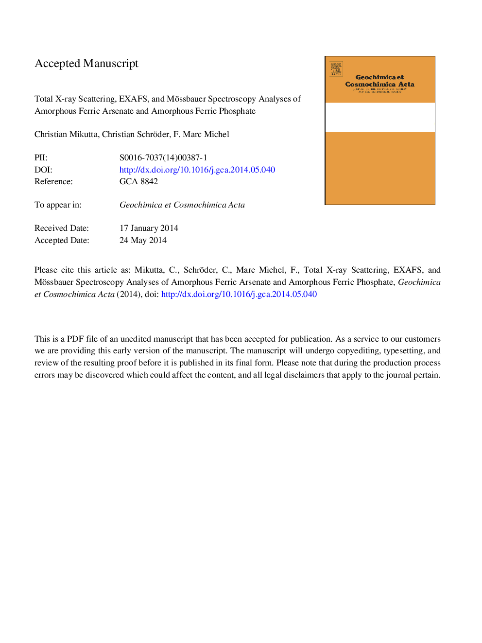 Total X-ray scattering, EXAFS, and Mössbauer spectroscopy analyses of amorphous ferric arsenate and amorphous ferric phosphate