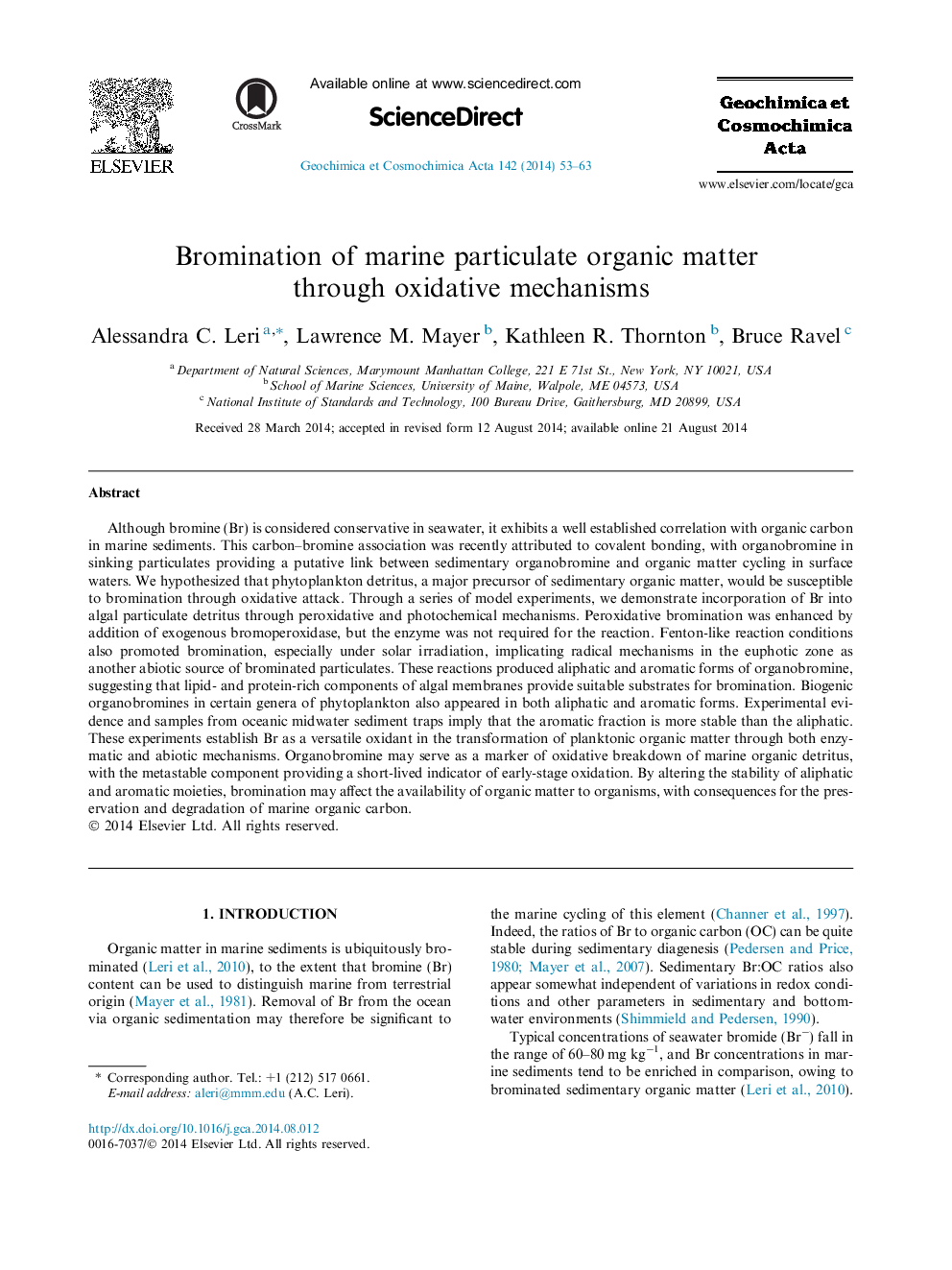 Bromination of marine particulate organic matter through oxidative mechanisms