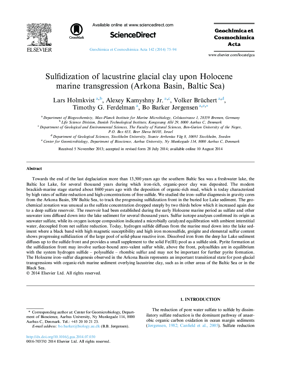 Sulfidization of lacustrine glacial clay upon Holocene marine transgression (Arkona Basin, Baltic Sea)