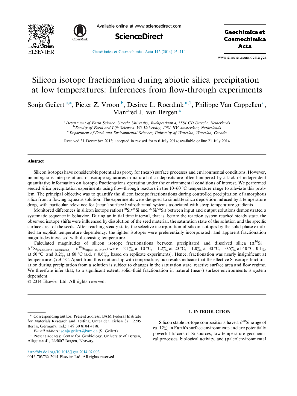 Silicon isotope fractionation during abiotic silica precipitation at low temperatures: Inferences from flow-through experiments