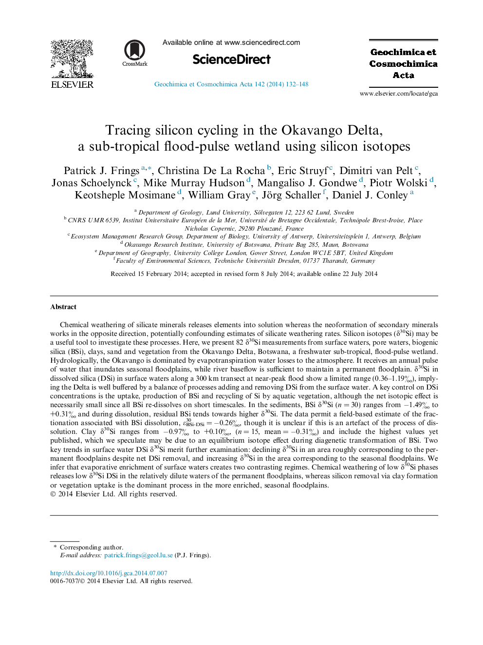 ردیابی سیلیکون دوچرخه سواری در دلتا اوکواننگو، تالاب سیل پائین زیر تپری با استفاده از ایزوتوپ های سیلیکونی 