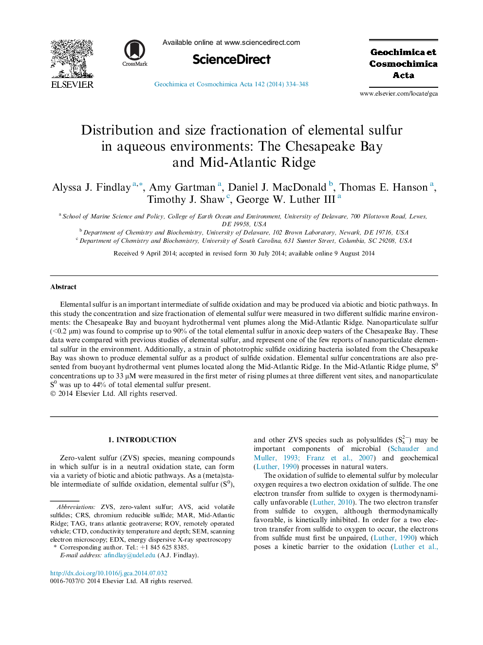 Distribution and size fractionation of elemental sulfur in aqueous environments: The Chesapeake Bay and Mid-Atlantic Ridge