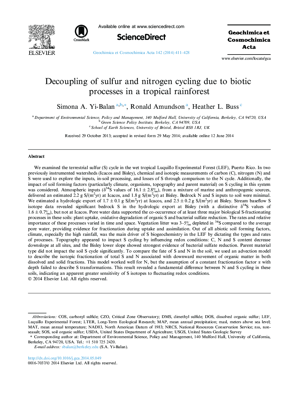 Decoupling of sulfur and nitrogen cycling due to biotic processes in a tropical rainforest