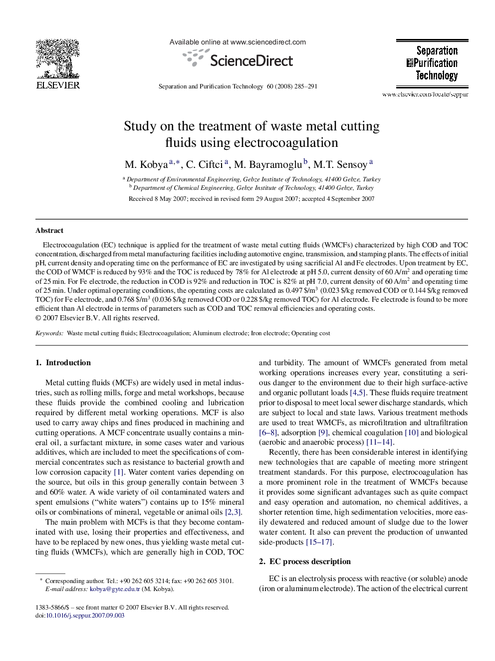 Study on the treatment of waste metal cutting fluids using electrocoagulation