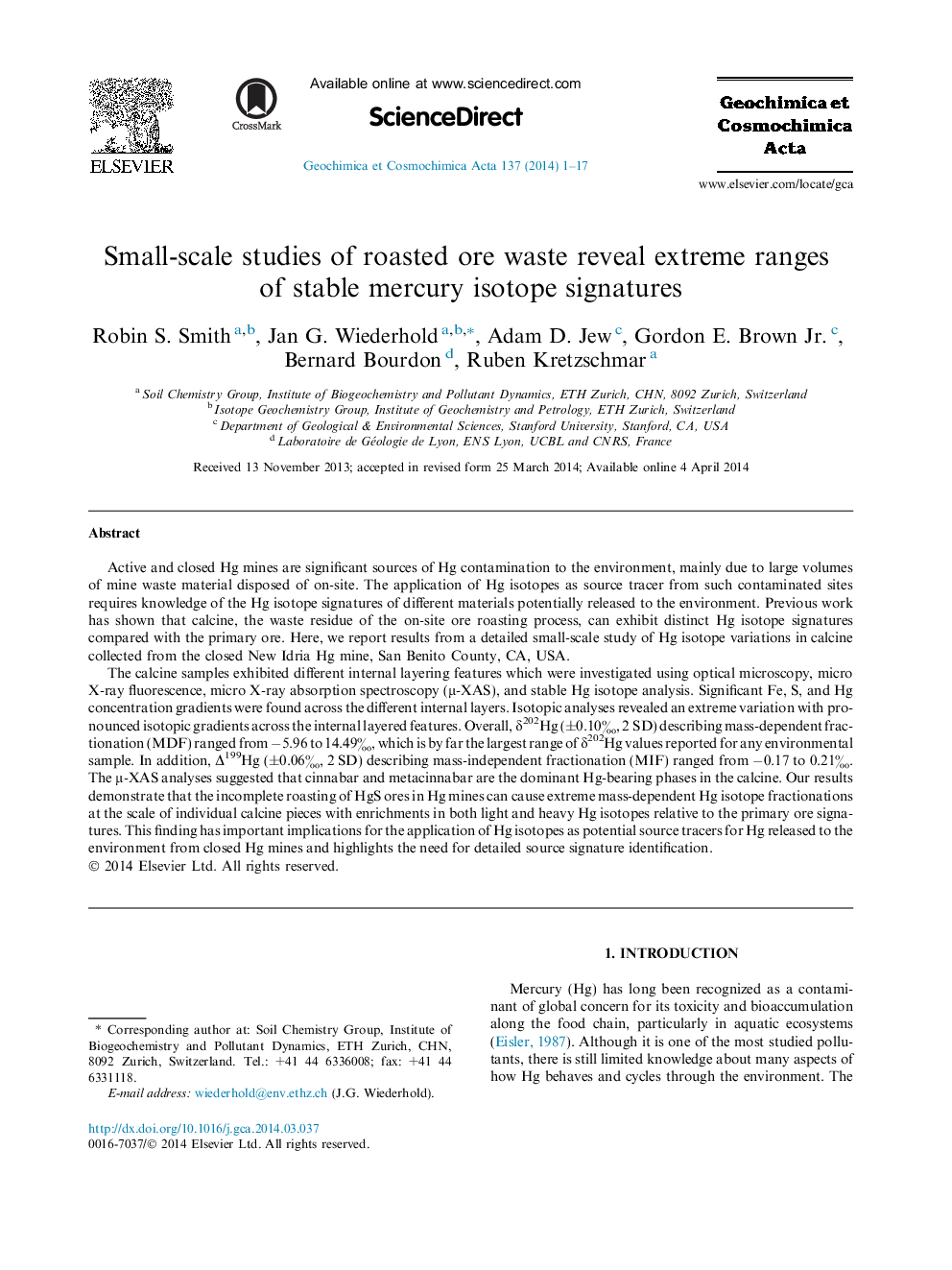 Small-scale studies of roasted ore waste reveal extreme ranges of stable mercury isotope signatures