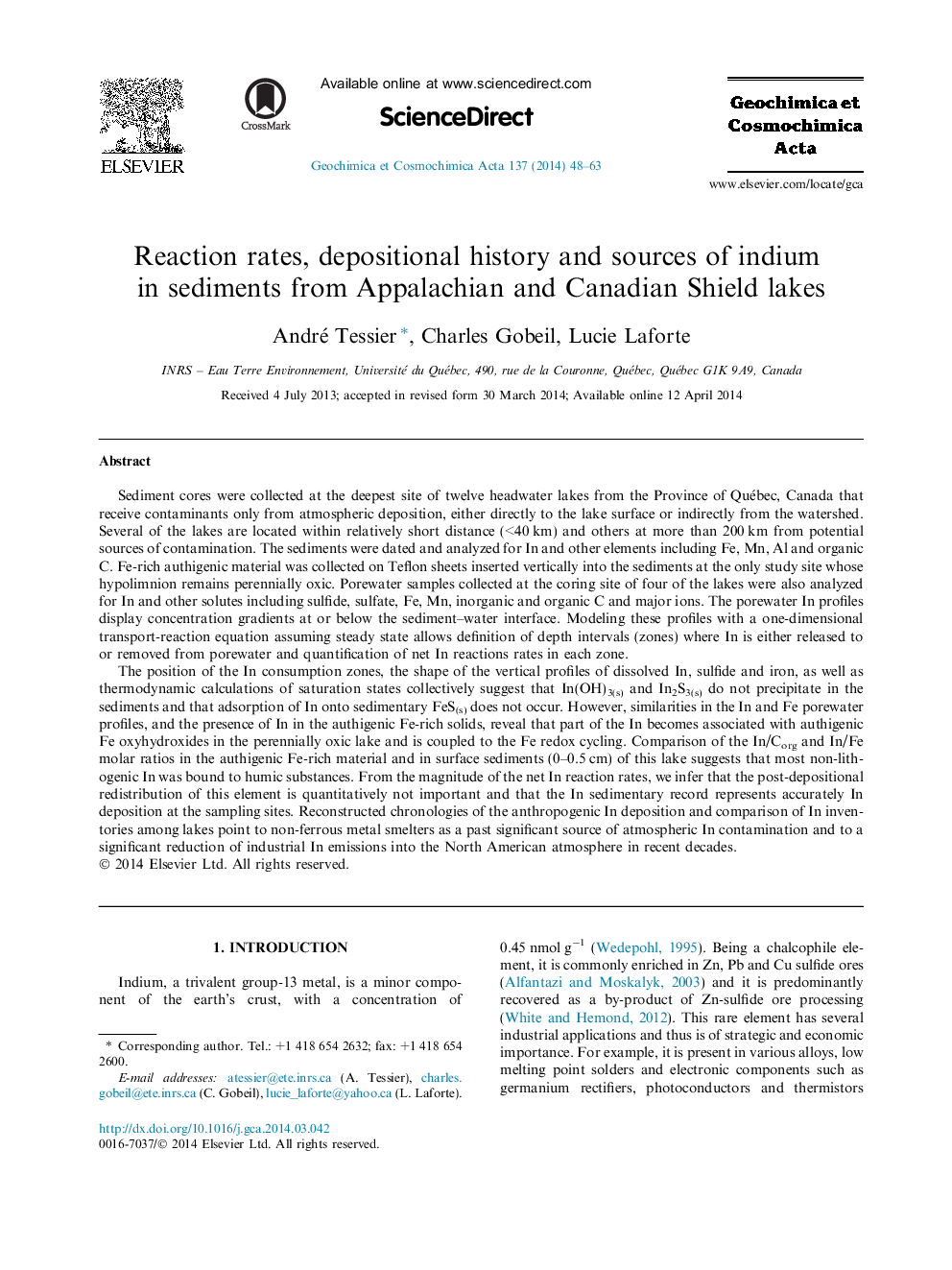 Reaction rates, depositional history and sources of indium in sediments from Appalachian and Canadian Shield lakes