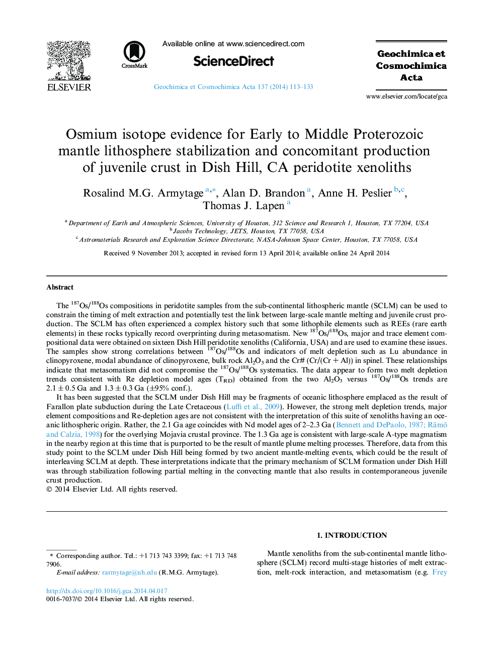 Osmium isotope evidence for Early to Middle Proterozoic mantle lithosphere stabilization and concomitant production of juvenile crust in Dish Hill, CA peridotite xenoliths