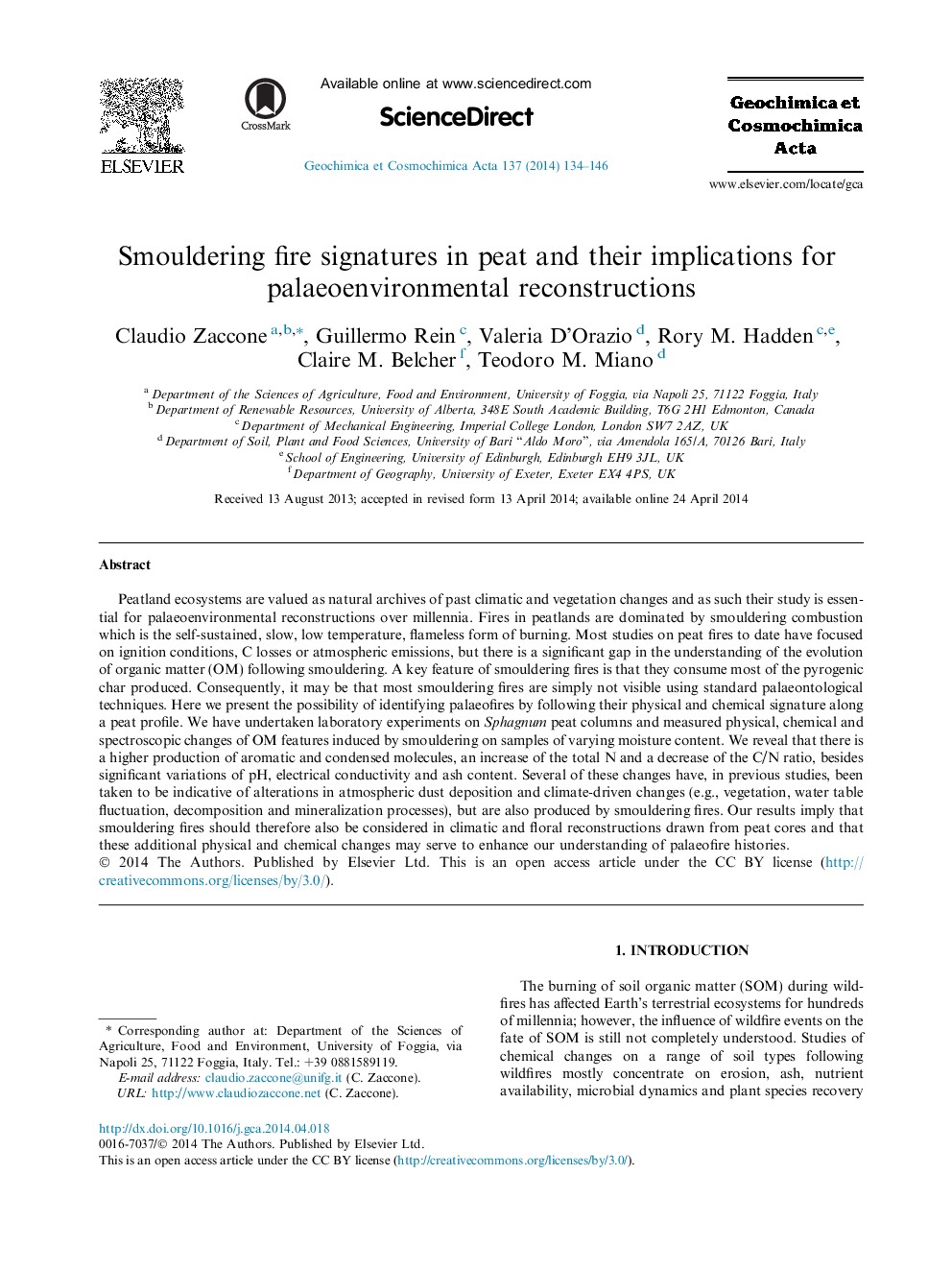 Smouldering fire signatures in peat and their implications for palaeoenvironmental reconstructions