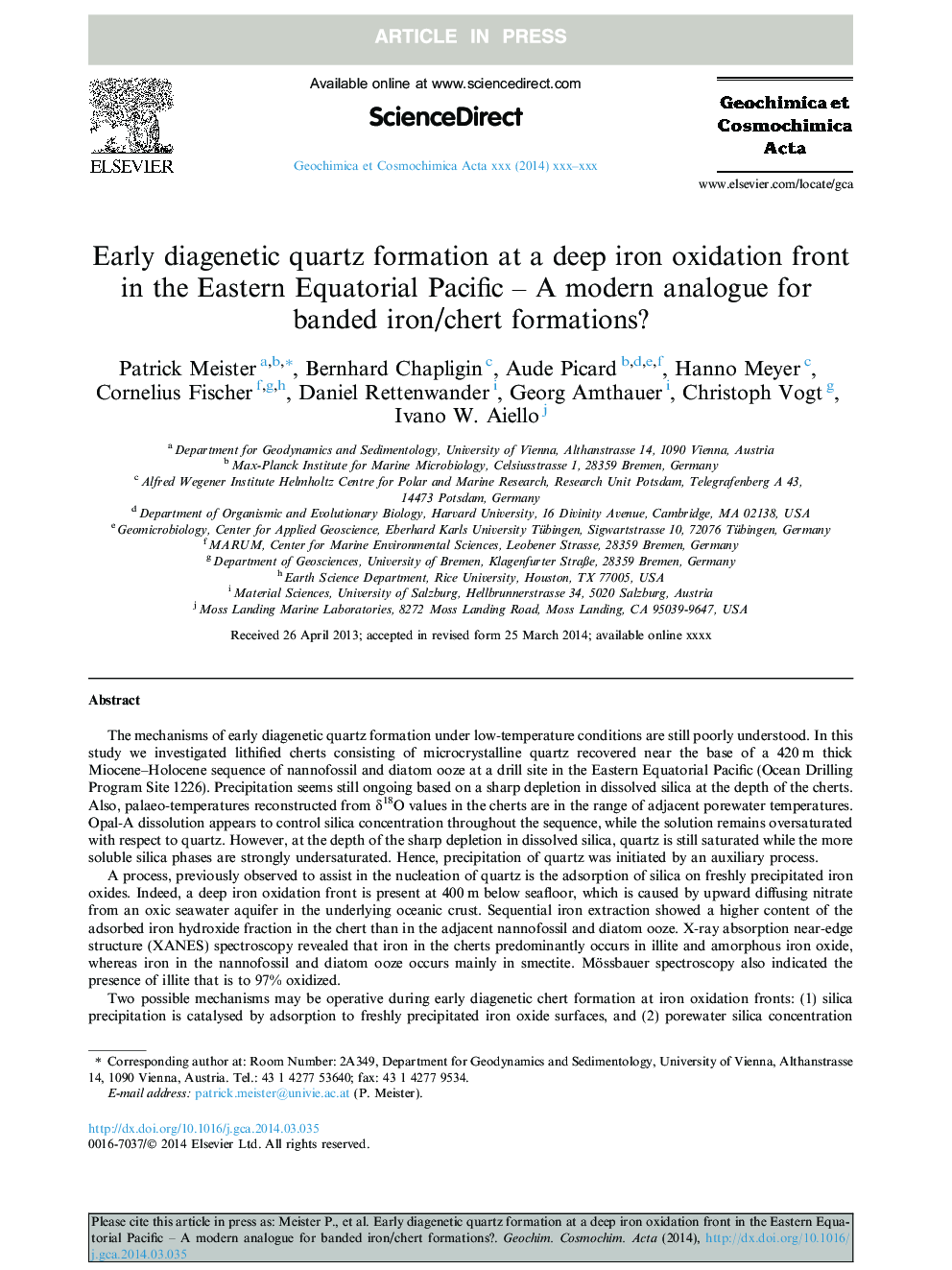 Early diagenetic quartz formation at a deep iron oxidation front in the Eastern Equatorial Pacific - A modern analogue for banded iron/chert formations?