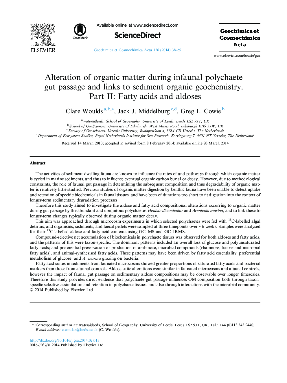 Alteration of organic matter during infaunal polychaete gut passage and links to sediment organic geochemistry. Part II: Fatty acids and aldoses