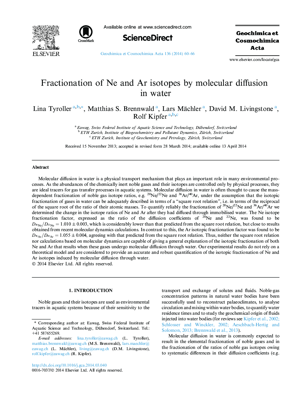 Fractionation of Ne and Ar isotopes by molecular diffusion in water