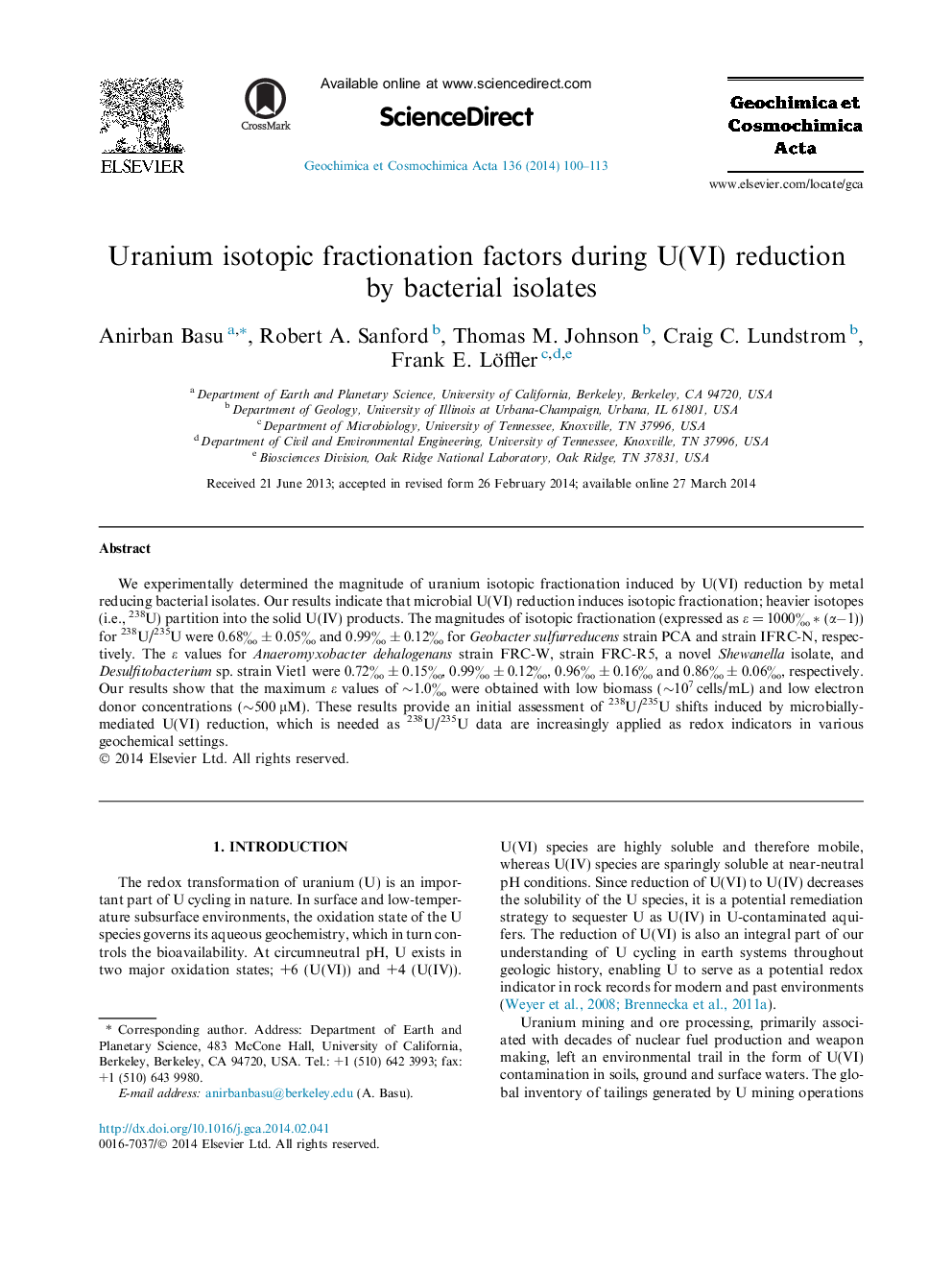 Uranium isotopic fractionation factors during U(VI) reduction by bacterial isolates