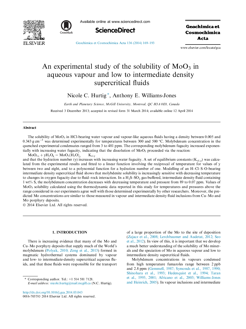 An experimental study of the solubility of MoO3 in aqueous vapour and low to intermediate density supercritical fluids