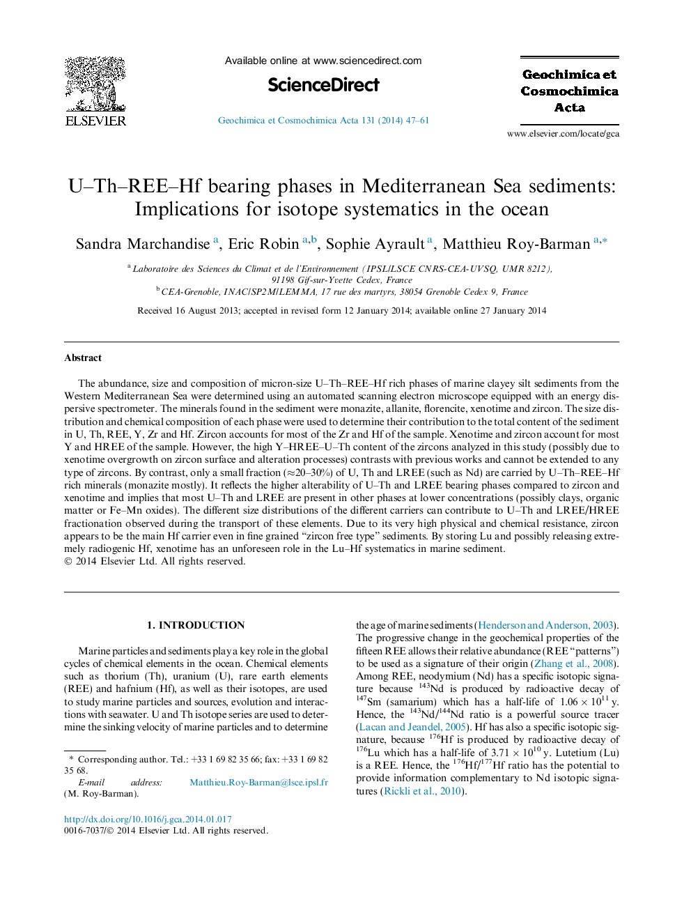 U-Th-REE-Hf bearing phases in Mediterranean Sea sediments: Implications for isotope systematics in the ocean