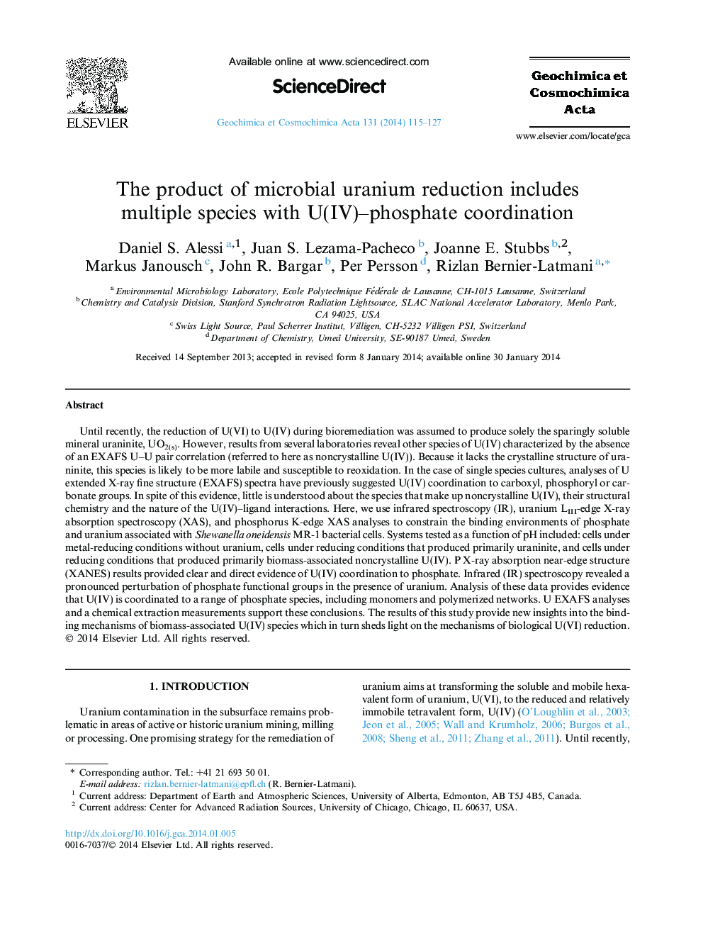 The product of microbial uranium reduction includes multiple species with U(IV)-phosphate coordination