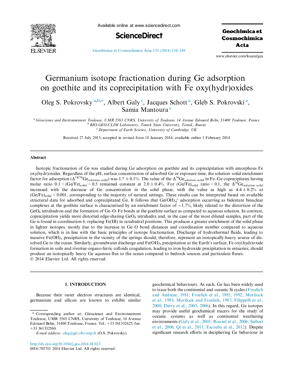 Germanium isotope fractionation during Ge adsorption on goethite and its coprecipitation with Fe oxy(hydr)oxides