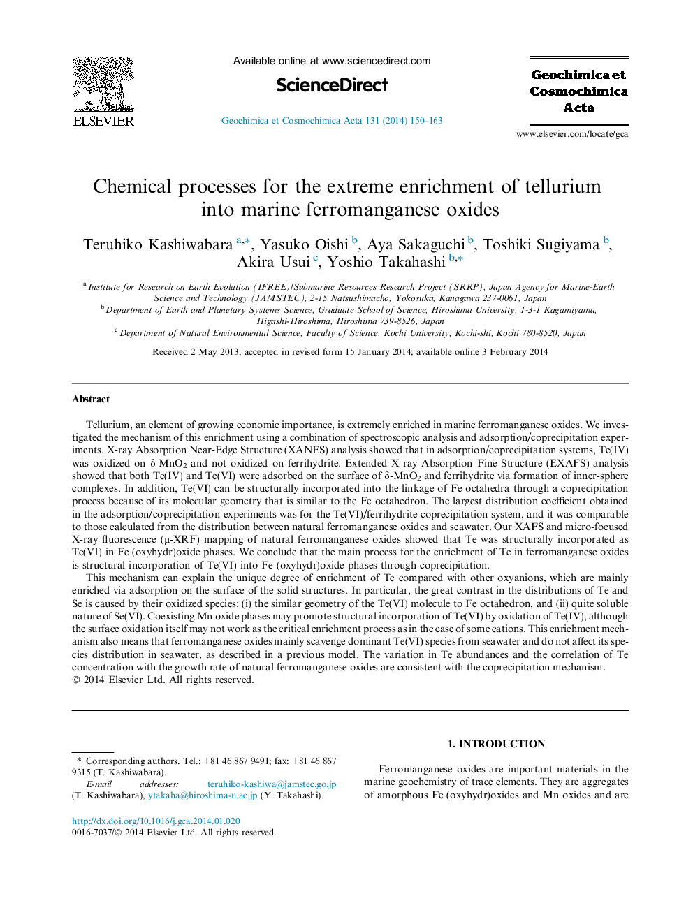 Chemical processes for the extreme enrichment of tellurium into marine ferromanganese oxides