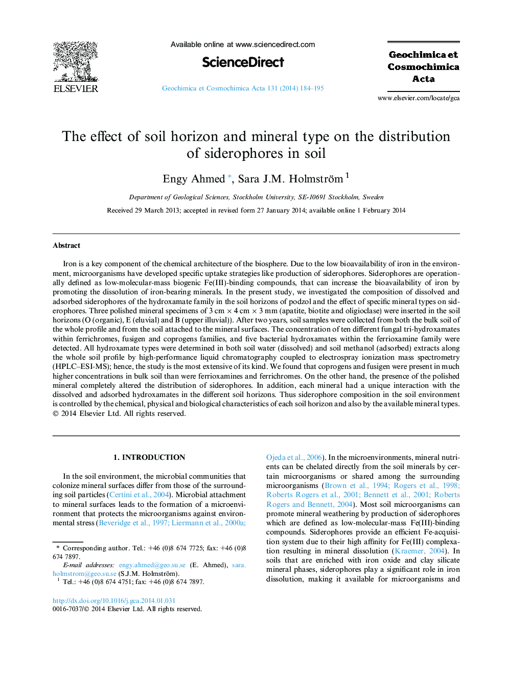 The effect of soil horizon and mineral type on the distribution of siderophores in soil