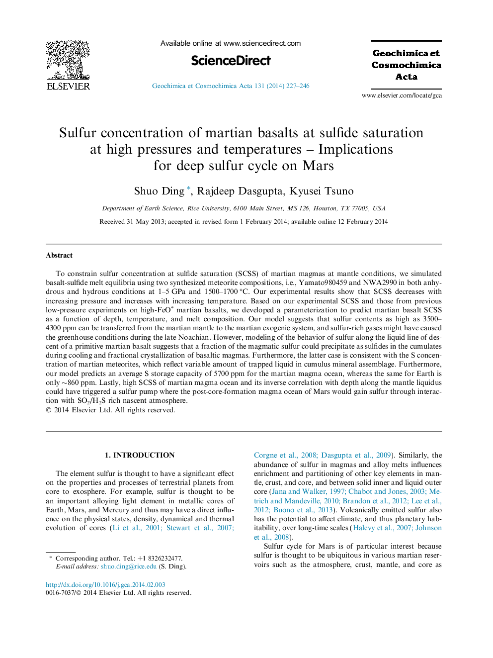 Sulfur concentration of martian basalts at sulfide saturation at high pressures and temperatures - Implications for deep sulfur cycle on Mars