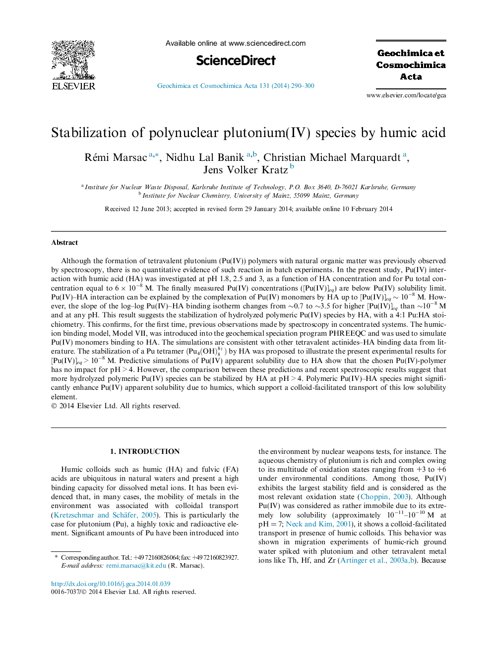 Stabilization of polynuclear plutonium(IV) species by humic acid