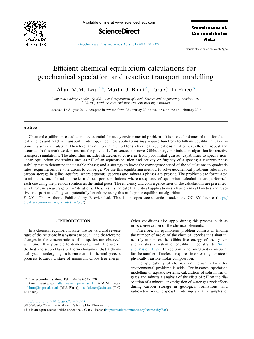 Efficient chemical equilibrium calculations for geochemical speciation and reactive transport modelling