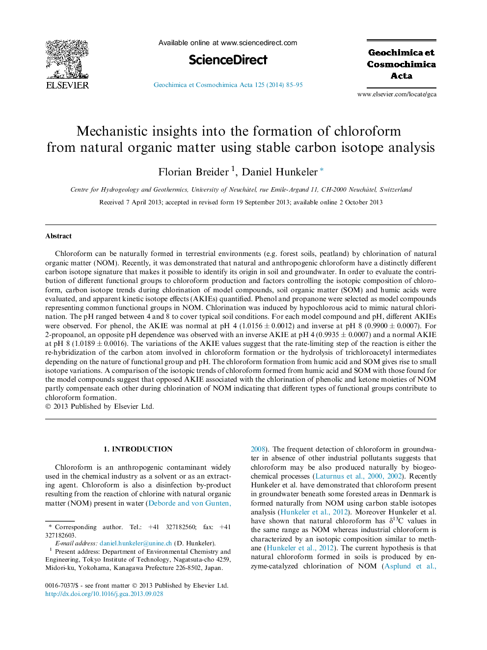 Mechanistic insights into the formation of chloroform from natural organic matter using stable carbon isotope analysis