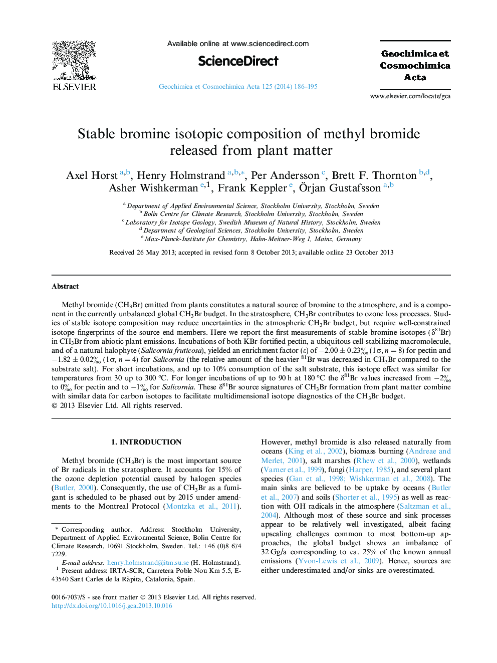 Stable bromine isotopic composition of methyl bromide released from plant matter