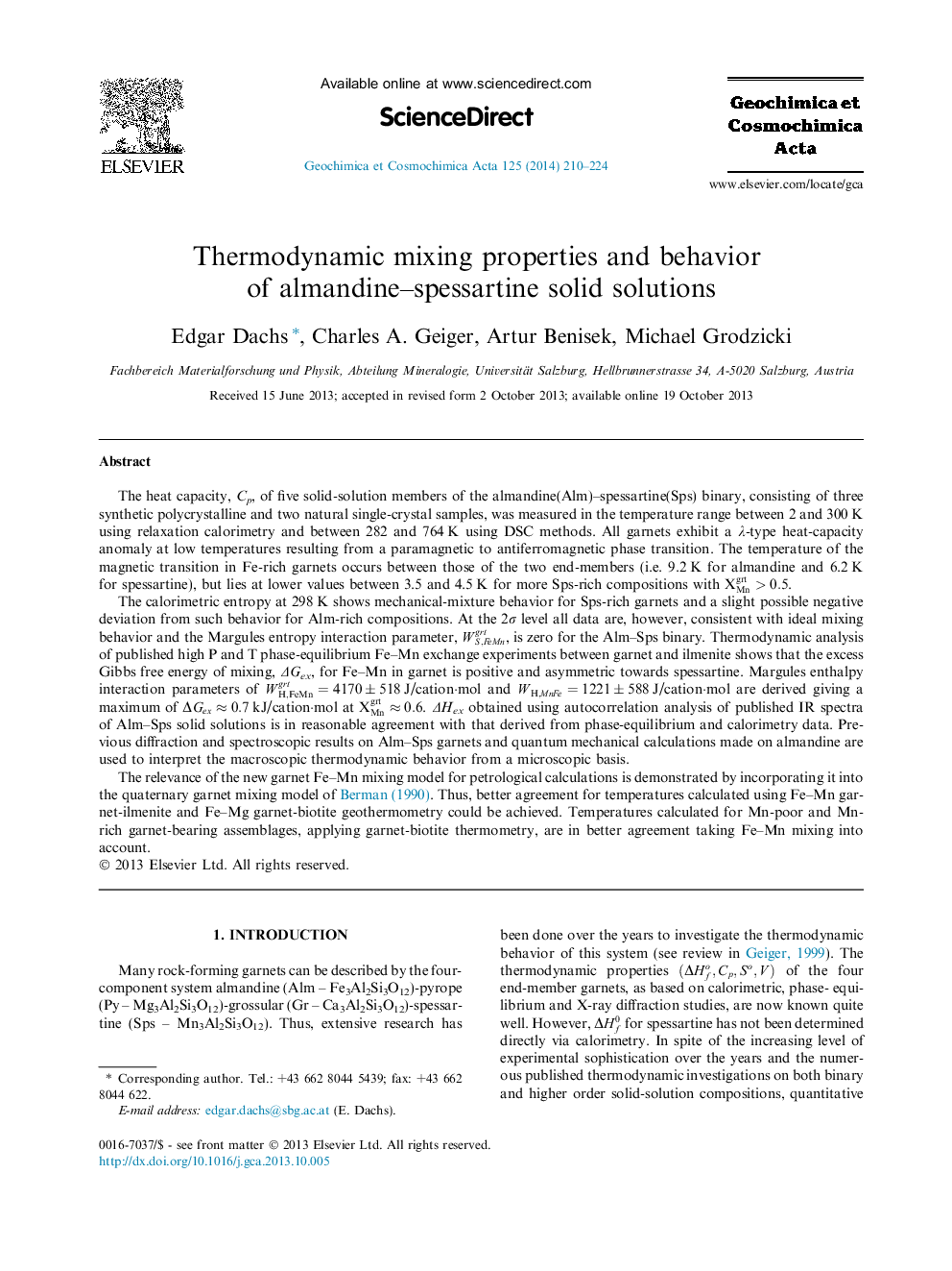 Thermodynamic mixing properties and behavior of almandine-spessartine solid solutions