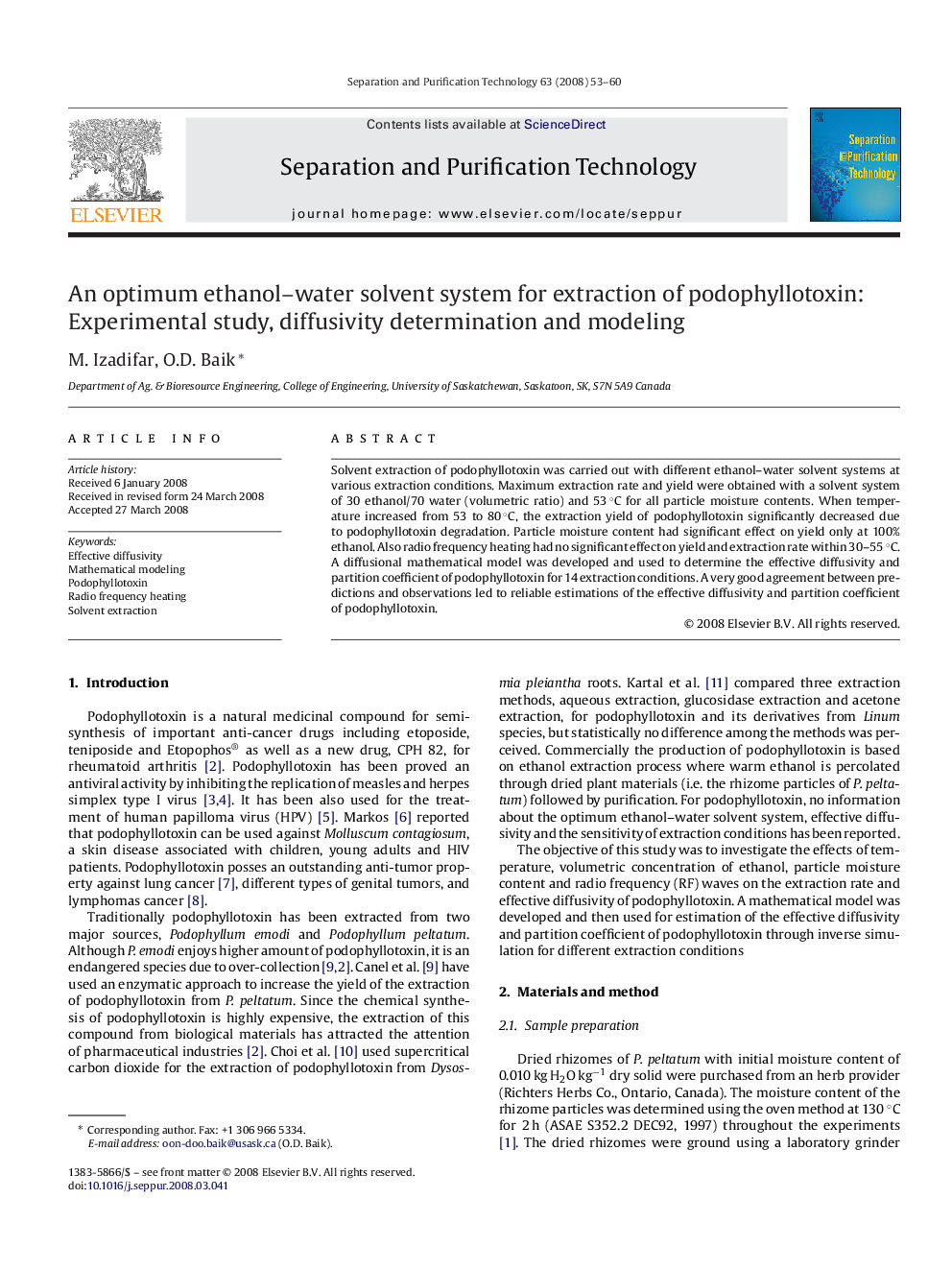 An optimum ethanol-water solvent system for extraction of podophyllotoxin: Experimental study, diffusivity determination and modeling