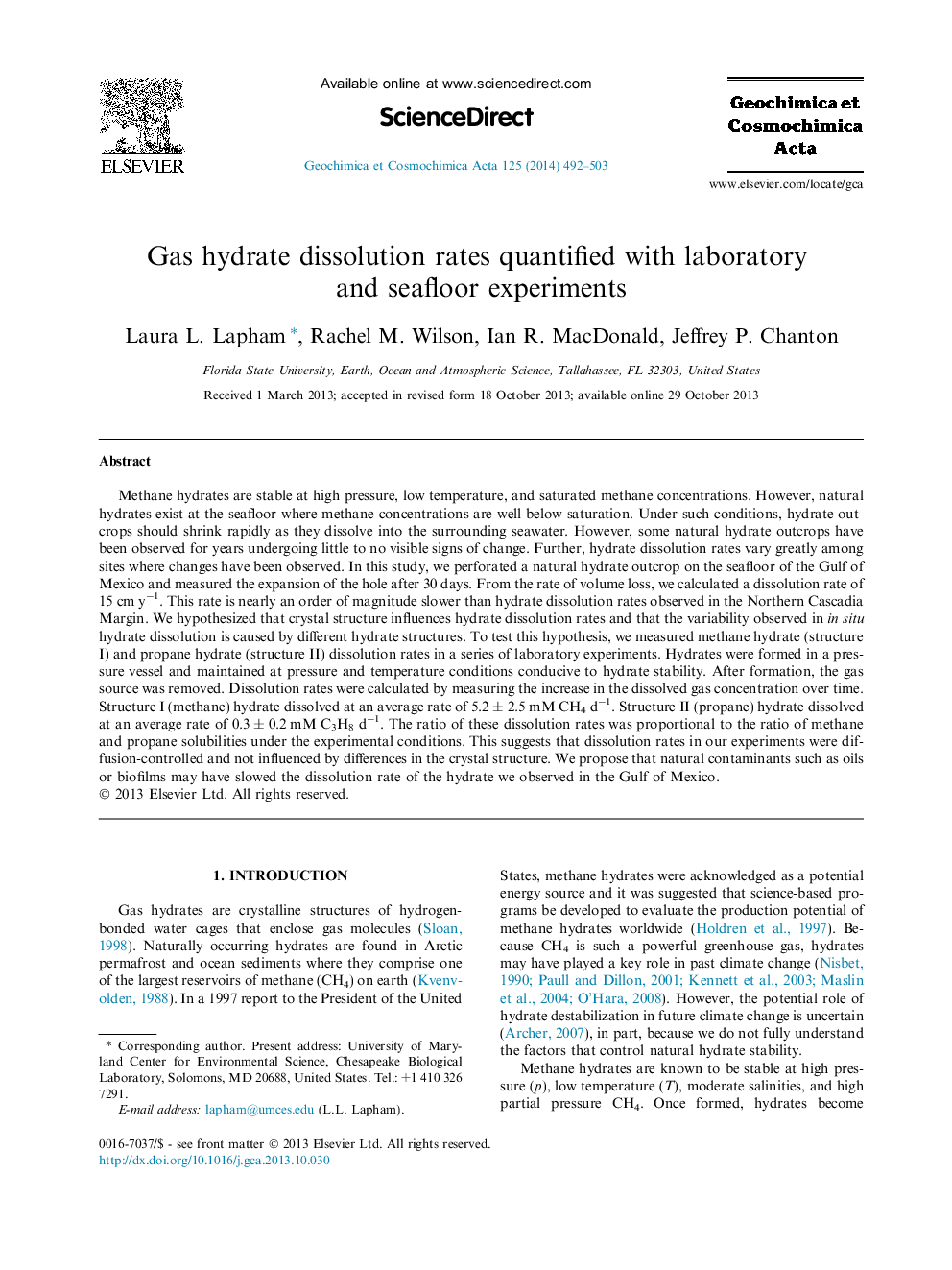 میزان انحلال هیدرات گاز با استفاده از آزمایش های آزمایشگاهی و دریایی محاسبه می شود 