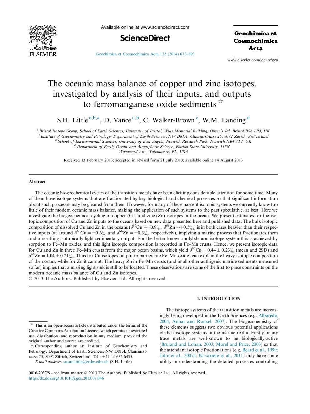 The oceanic mass balance of copper and zinc isotopes, investigated by analysis of their inputs, and outputs to ferromanganese oxide sediments