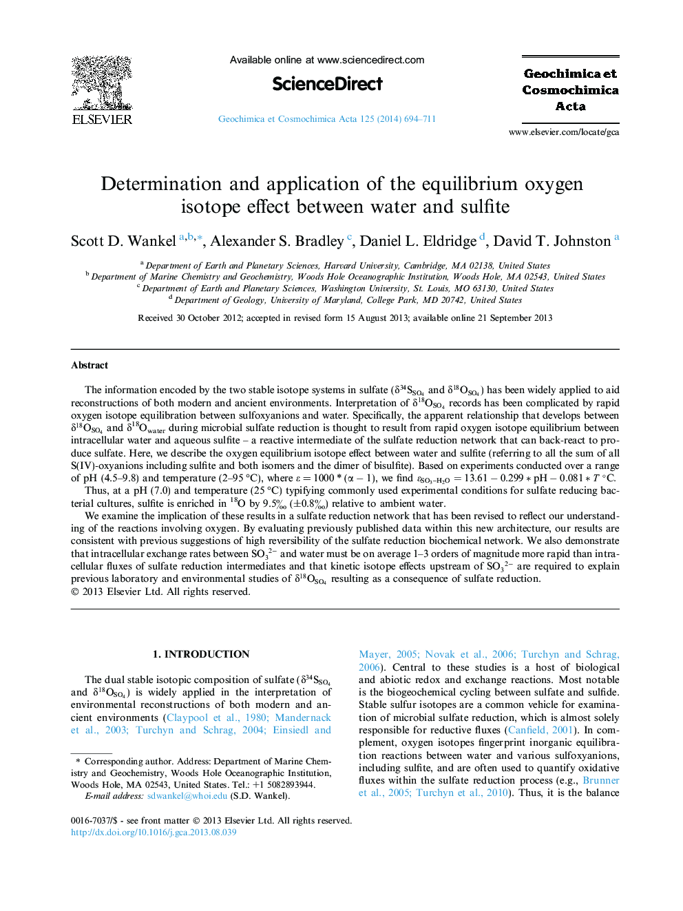 Determination and application of the equilibrium oxygen isotope effect between water and sulfite