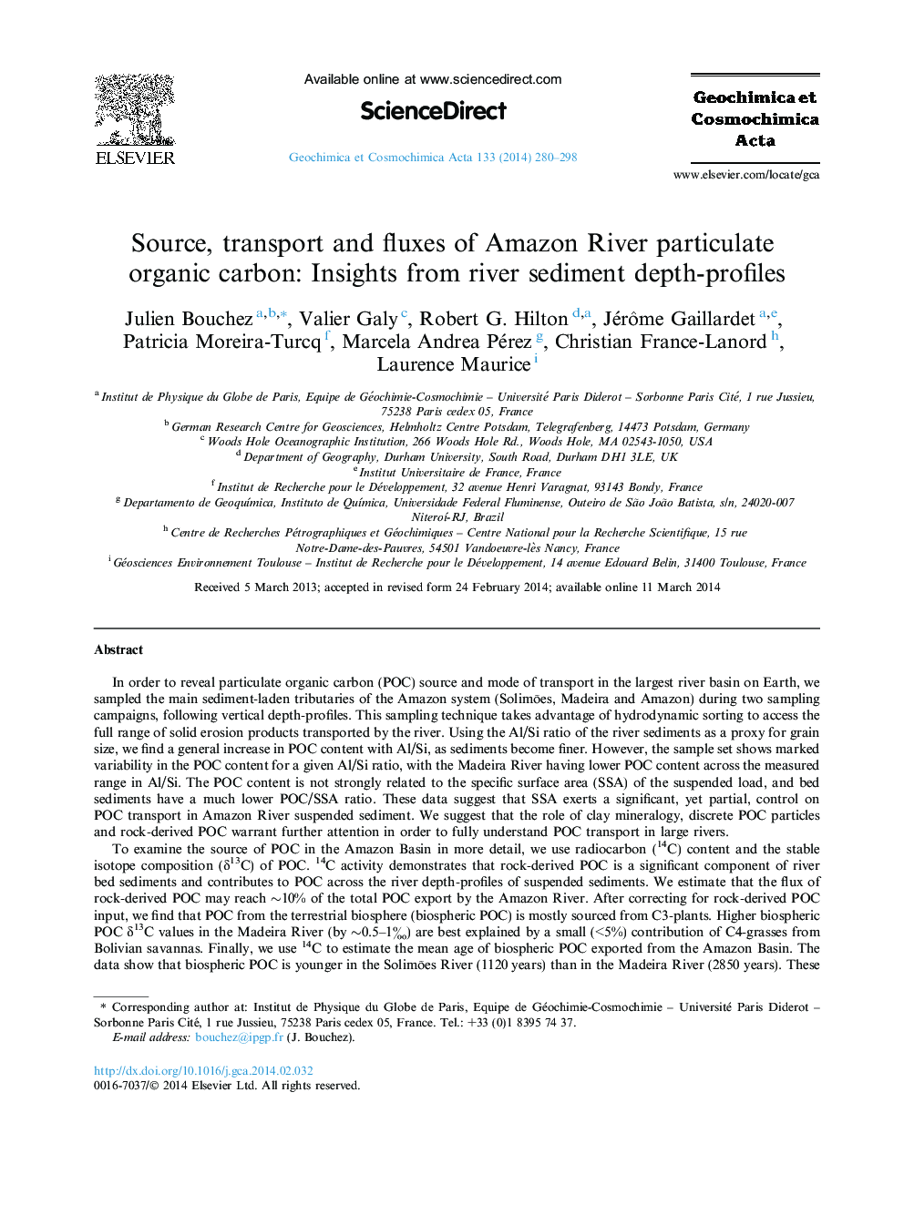 Source, transport and fluxes of Amazon River particulate organic carbon: Insights from river sediment depth-profiles
